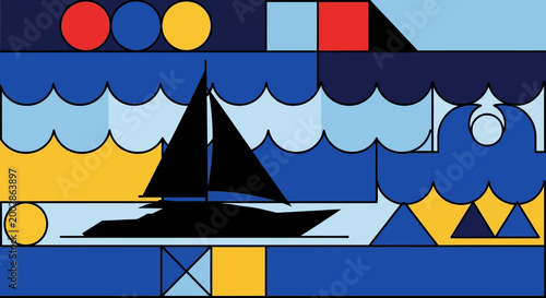 Abstract Geometric Sailboat Illustration with Blue Waves and Sun Shapes