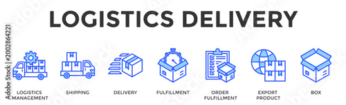 Logistics Delivery  Banner Web  Icon Set Collection Pack Vector Illustration Concept Containing Logistics Management, Shipping, Delivery, Fulfillment, Order Fulfillment, Export Product, Box