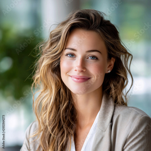 Portrait of a friendly young woman with blue eyes and a natural smile wearing a grey cardigan in a bright indoor setting with bokeh background. AI generated