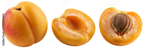 Whole apricot and two halves showing the pit isolated on a white background