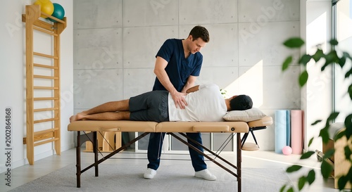Professional physical therapist performing manual therapy on a patient in a modern clinical setting for recovery