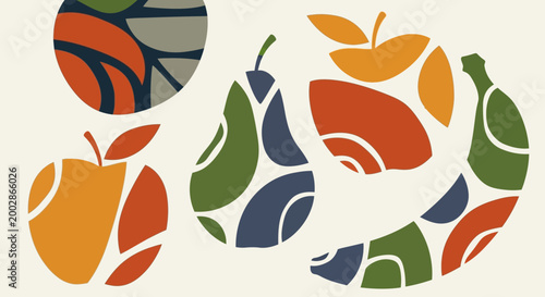 Abstract Stylized Fruit Illustration with Geometric Shapes and Earthy Tones