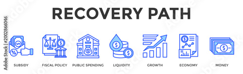 Recovery Path  Banner Web  Icon Set Collection Pack Vector Illustration Concept Containing Subsidy, Fiscal Policy, Public Spending, Liquidity, Growth, Economy, Money