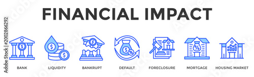 Financial Impact  Banner Web  Icon Set Collection Pack Vector Illustration Concept Containing Bank, Liquidity, Bankrupt, Default, Foreclosure, Mortgage, Housing Market