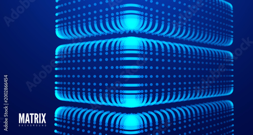 Multilayered geometric form. Digital block consisting of glowing dots creating a wireframe grid. Industrial style. Graphic concept. Modeling. Technological background for brochure, poster, cover, card