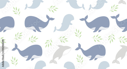 Cute whale seamless pattern with dolphins and sea leaves, nautical nursery wallpaper in blue and grey, aquatic animal vector background