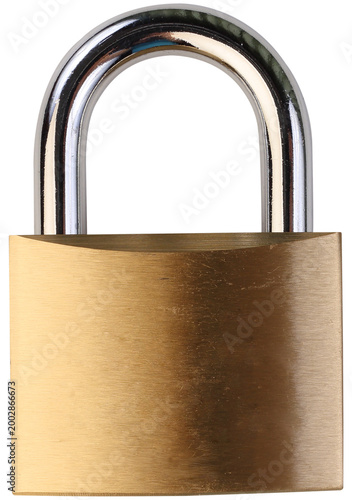 Fotografía Golden brass padlock with silver shackle isolated on transparent background