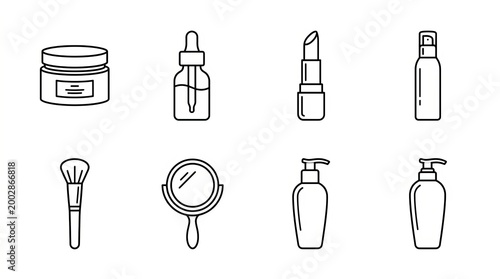 Collection of elegant line art icons representing beauty and skincare products.