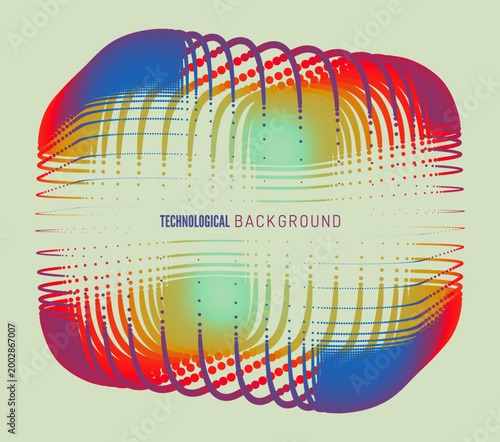 A cubic figure in grid style. 3D model of a block with an empty interior and edges made up of dots. Color gradient. Technological background. Vector for brochure, poster, presentation, flyer, etc.