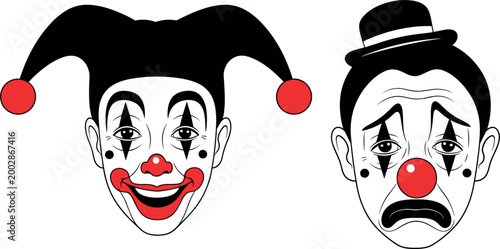 Clown faces set with happy and sad expressions vintage circus characters black white red nose theatrical mask vector illustration