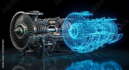 Digital twin technology of a jet turbine engine showing engineering visualization and data analysis process