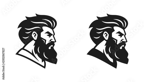 Angry bearded man head portrait vector illustration set in bold line art and solid black styles for masculine brand identity