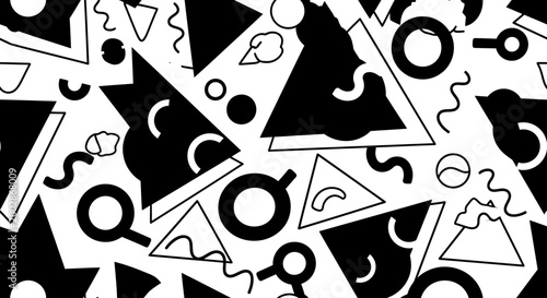 Black and White Memphis Style Geometric Seamless Pattern with Abstract Shapes