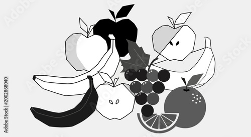 Black and White Stylized Fruit Arrangement Illustration