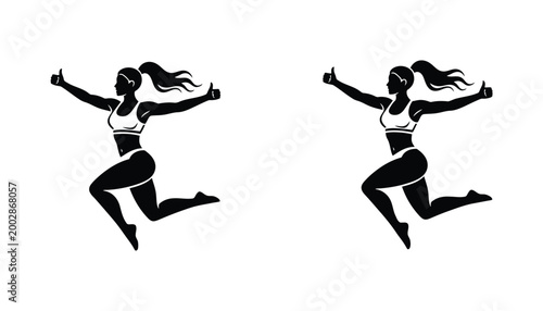Dynamic fitness woman silhouette jumping with thumbs up gestures in two variations for active lifestyle and health branding