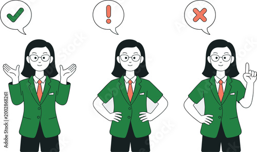 Business woman showing correct wrong and warning signs, decision making concept flat vector illustration