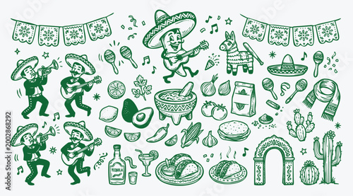Mexican Culture and Cinco de Mayo Celebration Doodle Set