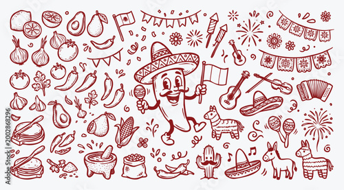 Mexican Culture and Cinco de Mayo Celebration Doodle Set