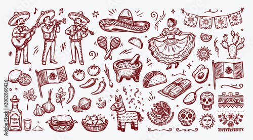 Mexican Culture and Cinco de Mayo Celebration Doodle Set