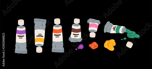 Set of paint tubes with squeezed color blobs. Artist oil or acrylic paints collection, open and crumpled tubes. Art supplies, painting concept. Hand drawn vector illustration on white.