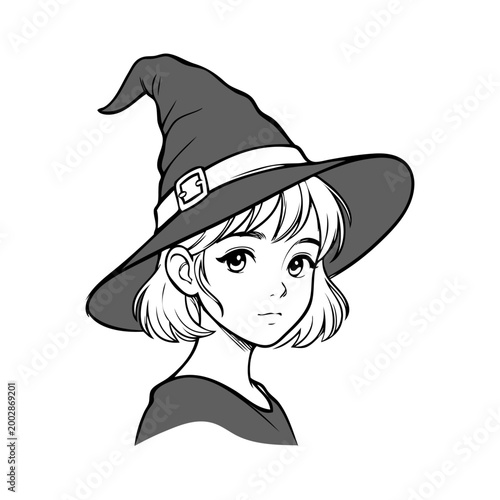 Logotipo con dibujo minimalista con líneas de la cabeza de una chica joven con sombrero de bruja para tarjetas y felicitaciones de Halloween