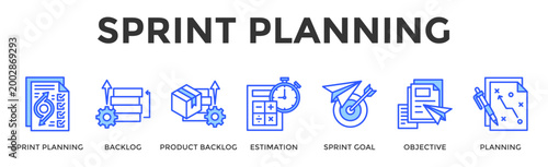 Sprint Planning  Banner Web  Icon Set Collection Pack Vector Illustration Concept Containing Sprint Planning, Backlog, Product Backlog, Estimation, Sprint Goal, Objective, Planning