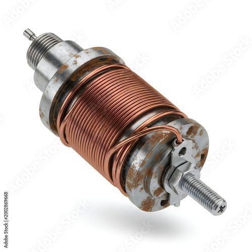 Close-up of a solenoid valve with metallic and copper wire components