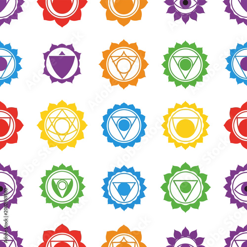 Colorful chakra symbols in circles.