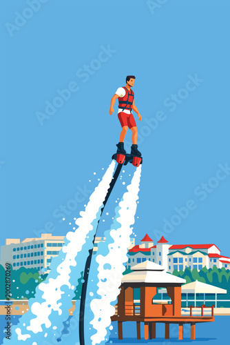 Flyboarder performing an acrobatic move above the sea with water jets.