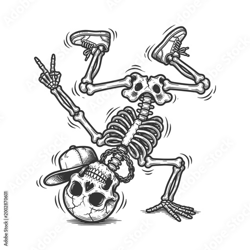 skeleton breakdancing upside down in sneakers and a cap, creating a playful hip hop mood sketch engraving generative ai vector illustration. Scratch board imitation. Black and white image.
