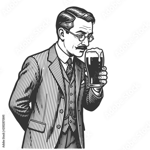 well dressed vintage gentleman with glasses and mustache holding a foamy beer glass sketch engraving generative ai fictional character vector illustration. Scratch board imitation. Black and white.