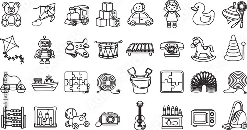 cute doodle toys and objects flat design vector illustration set