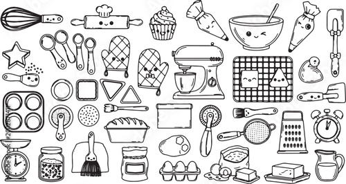 Foto collection of baking kitchen tools and utensils flat design vector illustration