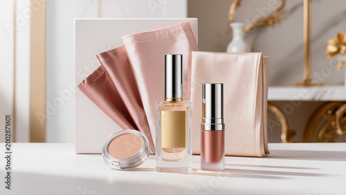 ​Silk fabrics draped behind beauty products.
​Elegant perfume bottle with silver cap.
​Shimmering pink liquid in glass container.
​Soft satin textures complement luxury makeup.