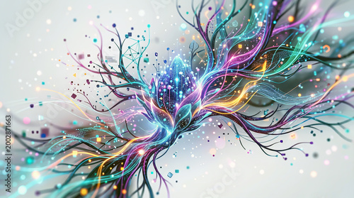 Futuristic digital flower with glowing data streams and colorful tech particles