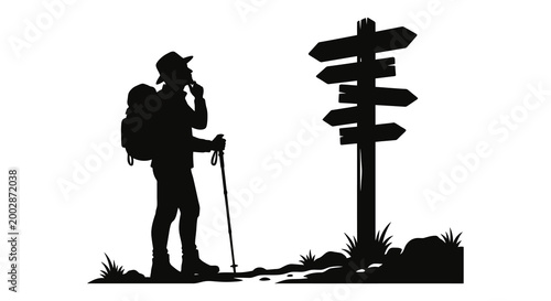 Hiker with backpack and signpost black silhouette