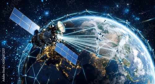 A network of satellites orbiting Earth providing global connectivity and high speed data transmission services