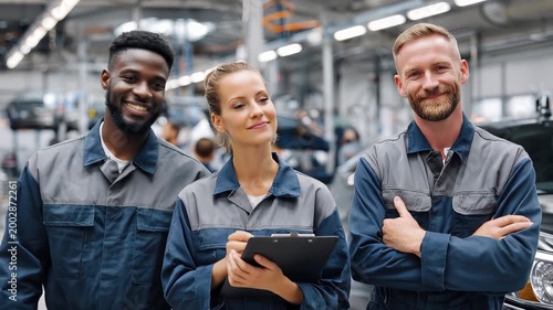 Young diverse team of automotive engineers collaborates in a modern workshop on vehicle design and innovation while showcasing teamwork and expertise