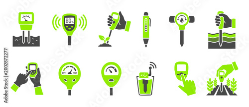 Soil Moisture Meter Icon Set, Agricultural Sensor Tools for Plant Growth and Irrigation Monitoring, Modern Flat Design Vectors for Farming Technology, Garden Probe Equipment, Digital Water Level Analy