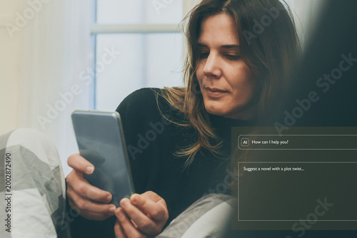A relaxed young woman sits comfortably at home using her smartphone to interact with an artificial intelligence chatbot, asking the AI to suggest a new novel with a surprising plot twist.