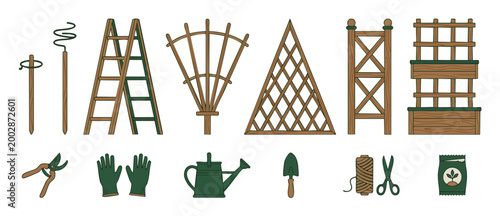 Garden trellis and gardening tools set, wooden plant support structures for climbing vines, gloves, shears, trowel, watering can, and outdoor planting equipment isolated on a white background design e