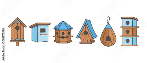 Birdhouse collection set for garden and nature backyard decoration, wooden bird nest boxes with blue roofs, isolated icons of small avian houses for outdoor wildlife nesting in a flat vector design st