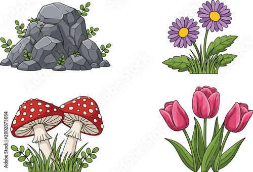 Nature elements set with rocks flowers tulips and mushrooms botanical outdoor collection vector illustration isolated on white background