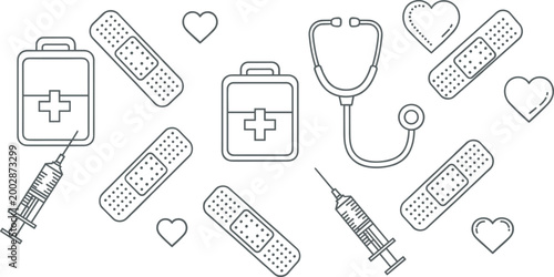 Medical Healthcare First Aid Kit Icon Set with Stethoscope Syringe Adhesive Bandage Heart and IV Bag Minimalist Line Art Vector Illustration for Clinic Hospital Design