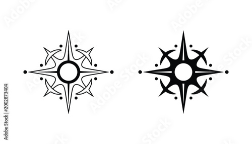 Stylized star compass icon with intricate dots and lines in minimal line art and solid black silhouette styles
