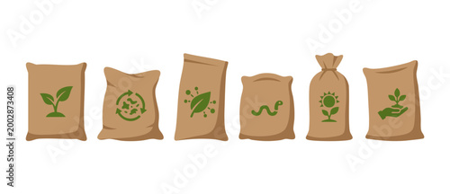 Organic Fertilizer Bags Set with Eco Friendly Icons, Gardening Soil Sack Collection for Sustainable Agriculture, Compost Packaging Design for Farming and Plantation Projects isolated on white backgrou