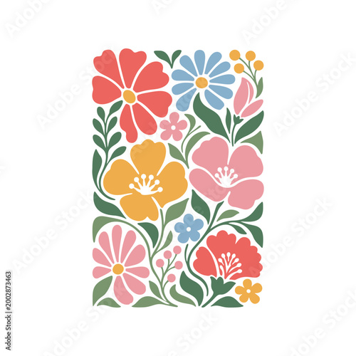 Folk floral composition vector, decorative botanical illustration, colorful flowers arrangement