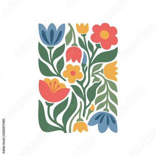 Floral composition vector, flat botanical illustration, modern flowers arrangement poster design