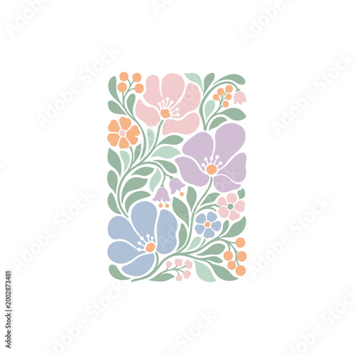 Set of groovy floral botanical background in trendy naive retro hippie 60s 70s style. Vertical poster with abstract wavy flower