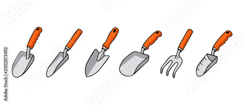 Garden hand tools set with orange handles, collection of metal shovels and trowels for planting and gardening tasks, isolated graphic elements on white background for horticulture and landscaping desi